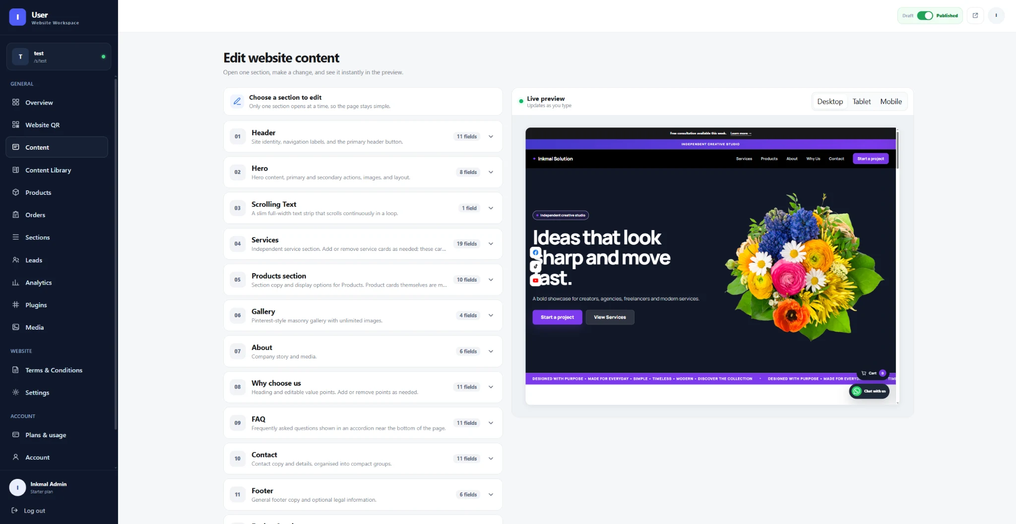 Petaq website editor with section controls and a live website preview